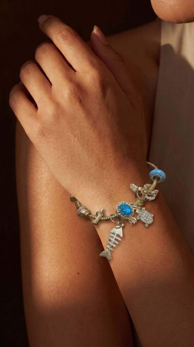 Ocean Theme Charm Bracelet with Fish, Sea Turtle, and Blue Stone Charms